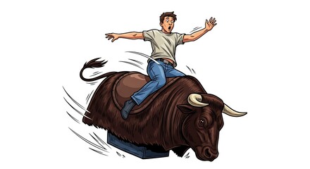 A person is attempting to ride on a bucking bull