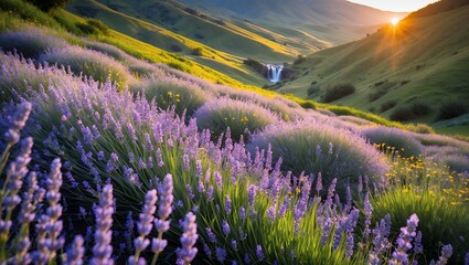 Naklejka premium Lavender Field Blooming on Rolling Hills with Distant Waterfall View