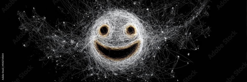 Poster Floating Threads Create a Laughing Face Symbol Against a Dark Backdrop in an Artistic Display of Creativity and Joy