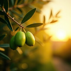Fototapeta premium Olive branches heavy with ripe green olives, swaying gently in warm sunset light, tree limbs, olive tree, rustic atmosphere