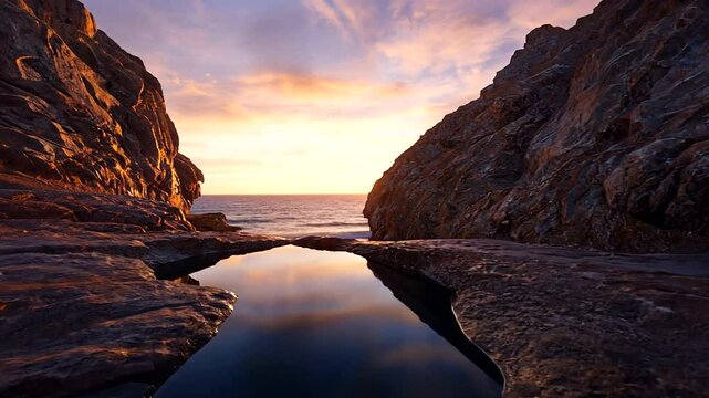 Serene sunset over rocky coastline with tidal pool reflecting vibrant sky colors