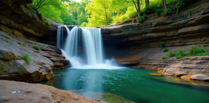 Peaceful waterfall surrounded by rugged layered rocks in Branson Missouri countryside , landscape, countryside, missouri