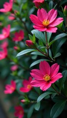 Pink cistus blooms against dark green grey-leaved stems in a dense hedge, Mediterranean garden feature, flowering shrub, floral display