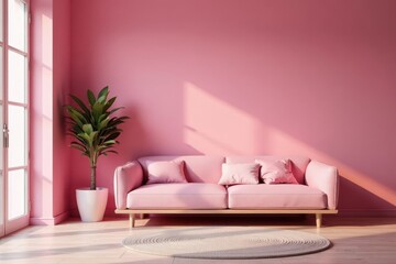 Pink hue with textured wood grain and minimalist furniture , minimalist decor, cozy, soft pink