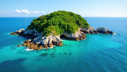 Naklejka premium Secluded island in turquoise waters with rocky coastline and lush greenery, serene atmosphere, landscape, nature