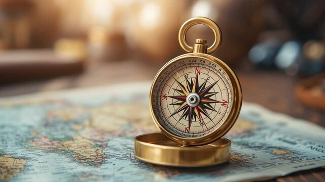Navigational Compass on Antique Map: A detailed antique compass rests on an old map. This image is perfect for illustrating travel, adventure, navigation, and exploration.