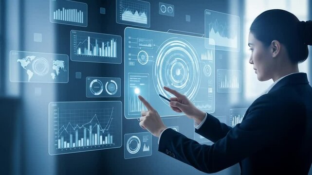 Innovative businesswoman using futuristic touchscreen digital interface with data analytics - Powered by Adobe