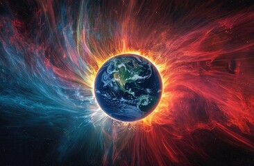 Obraz premium Earth engulfed in fiery, swirling cosmic energy