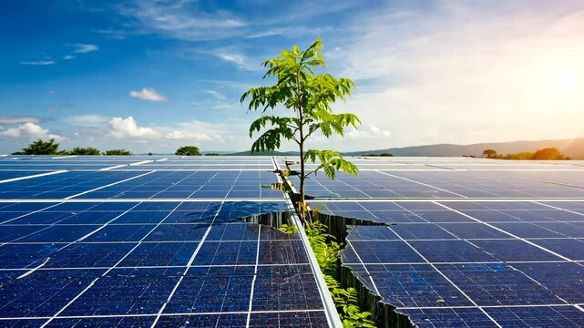 Solar panels with a small tree growing through a crack, set against a bright sky and distant hills