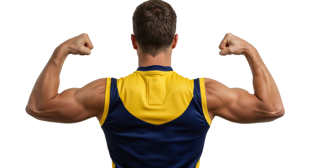 Muscular Athlete Flexing Biceps in Yellow & Blue Tank Top