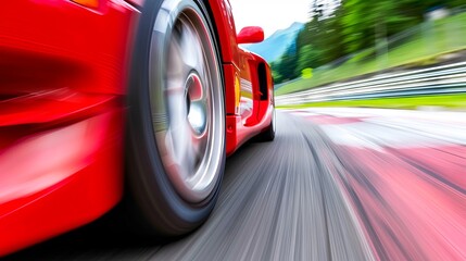 Close-up of a dynamic racing car in motion blur speeding on a track, with shallow depth of field and vibrant colors