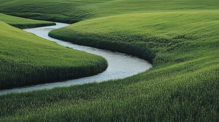 Minimalist River Bend in Pale Green Field