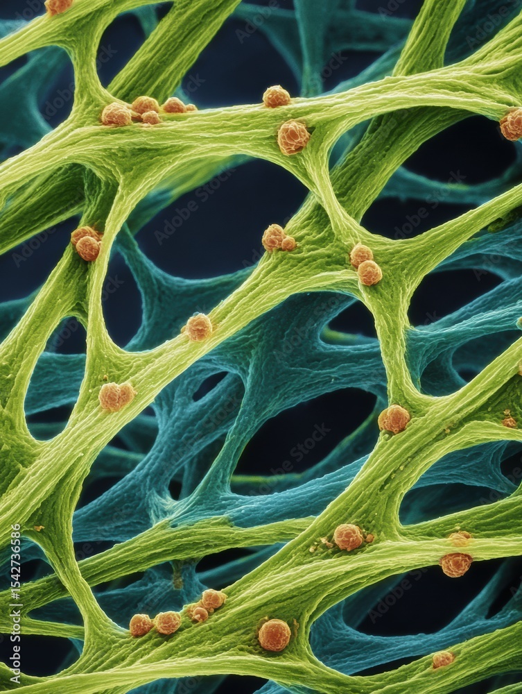 Aufkleber macro view of a nerve-like organic structure exhibiting vibrant green and blue colors with scattered
