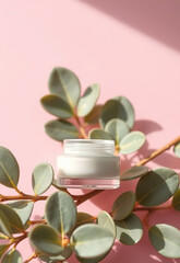 Glass jar of white cream placed on eucalyptus leaves with pink background, creating natural and minimalistic aesthetic