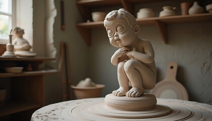 Ceramic Figure on Pottery Wheel in Artistic Workshop