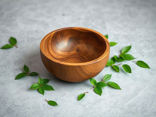 Handcrafted wooden bowl on gray surface surrounded by green leaves, showcasing natural elegance and simplicity