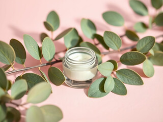 Glass jar of cream surrounded by green eucalyptus leaves on soft pink background, evoking natural and soothing aesthetic