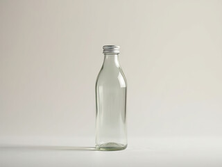 Clear glass bottle with silver screw cap, standing plain white surface against neutral background. Minimalist and clean design