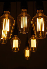 Vintage style filament light bulbs glowing warmly in dark setting, creating cozy and nostalgic ambiance