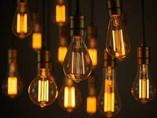 Vintage style hanging light bulbs glowing warmly in dark setting, creating cozy and nostalgic ambiance
