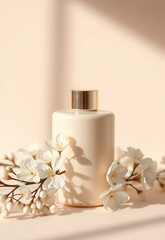 Minimalist beige bottle with golden cap surrounded by delicate white flowers, evoking elegance and freshness