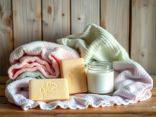 Soft pastel towels, handmade soap with floral design, and lit candle create cozy and relaxing spa like atmosphere