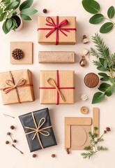 Eco friendly gift boxes with natural decorations, including pinecones, greenery, and twine, arranged on beige background