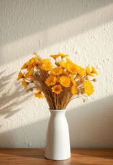 Bouquet of vibrant yellow flowers in white ceramic vase sits on wooden surface, illuminated by soft natural light
