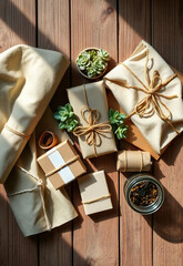 Eco friendly gift wrapping with natural materials and succulents on wooden table. Warm sunlight enhances cozy atmosphere