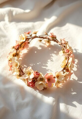 Delicate floral crown with pink and cream blossoms rests on soft white fabric, bathed in warm sunlight