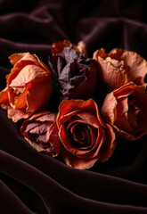 Bouquet of dried roses in shades of orange and burgundy rests on dark, silky fabric, creating moody and elegant atmosphere