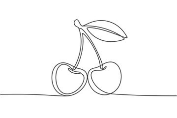 Single Line Drawing of Two Cherries with Leaf