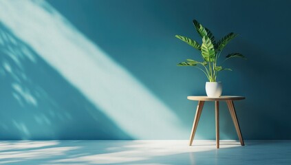 Sunlight streams into a teal room, highlighting a small wooden side table with a potted plant