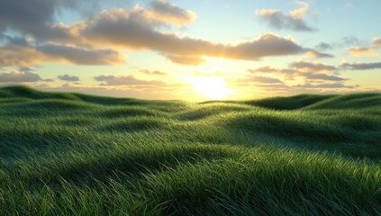 Lush green grass field at sunset