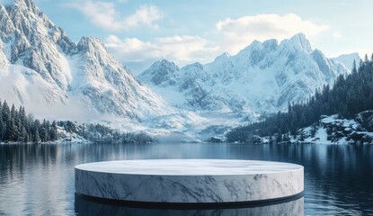 Marble pedestal on a placid winter lake, snow-capped mountains