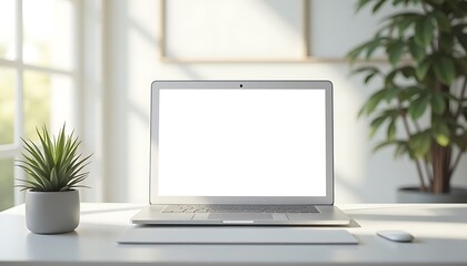 Fototapeta premium Laptop on Desk with Plant and Window in Bright Office Setting