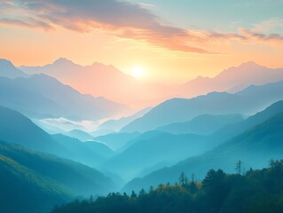 Fototapeta premium Misty Mountain Valley at Sunrise