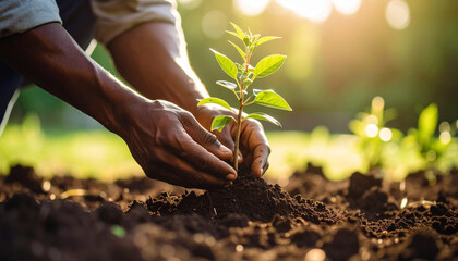 Fototapeta premium Planting sapling in soil with hands in sunlight, symbolizing growth and care for nature in gardening activity outdoors