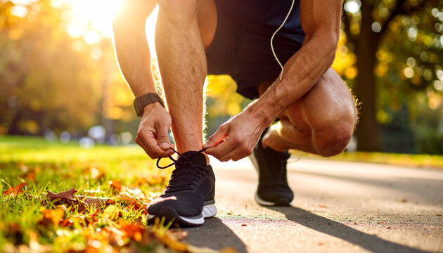 Runner tying shoelaces on black running shoes in sunny park with autumn leaves on ground, preparing for morning jog with focused energy and fitness gear