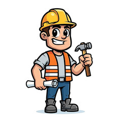 Construction Worker Cartoon Illustration  Happy Handyman with Blueprint and Hammer