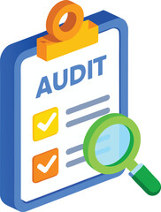 Isometric audit checklist with magnifying glass illustration