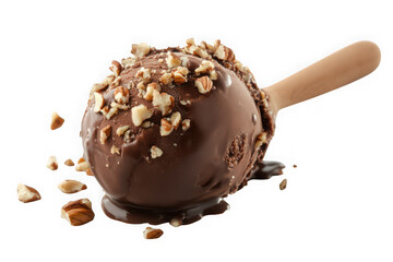 Delicious chocolate ice cream ball with nuts on a stick dessert sweet treat isolated on transparent background