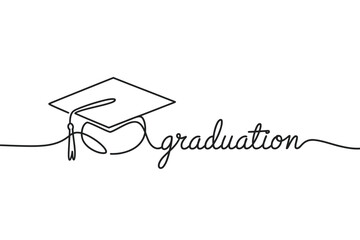 Graduation Cap and Word Graduation in One Line Art