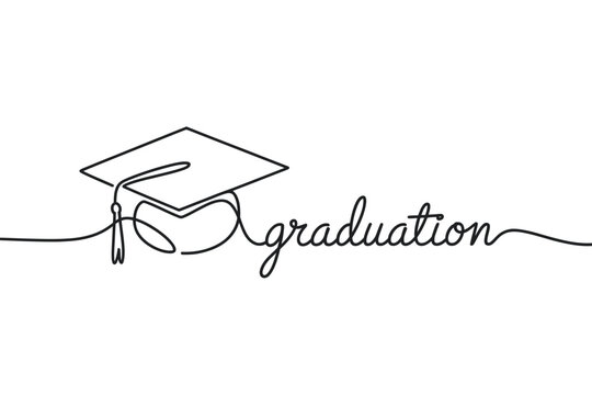 Graduation Cap and Word Graduation in One Line Art