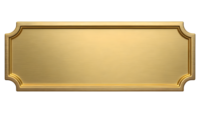 Gold rectangular plaque with ornate frame isolated on transparent background