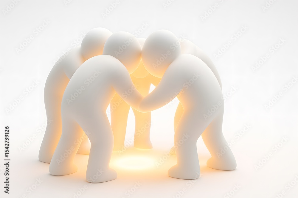 Poster group of five figurines gathered around a glowing light source
