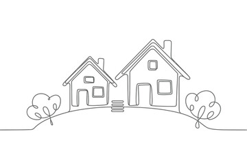 Fototapeta premium Simple Line Drawing of Two Houses on a Hill