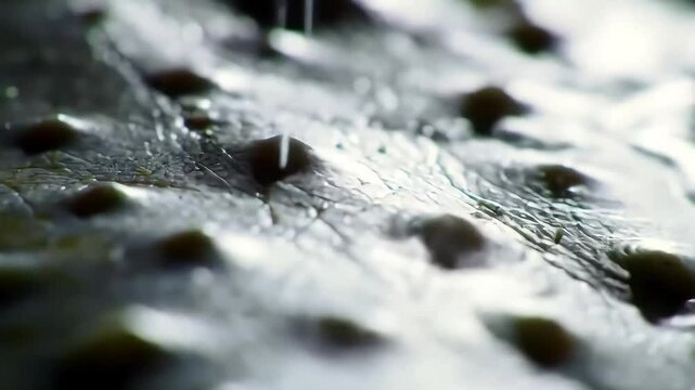 Closeup of bumpy reflective textured surface with dark dotlike patterns