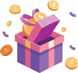 Gift box overflowing with gold coins and dollar signs