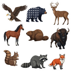 North American Wildlife Cartoon Illustration Set